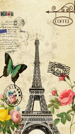 棕色印章手绘复古欧洲巴黎铁塔棕色背景图高清图片