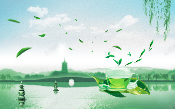绿色淡雅魅力西湖龙井茶叶海报背景素材背景