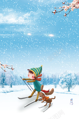 冬季滑雪休闲运动蓝色卡通手绘海报设计背景
