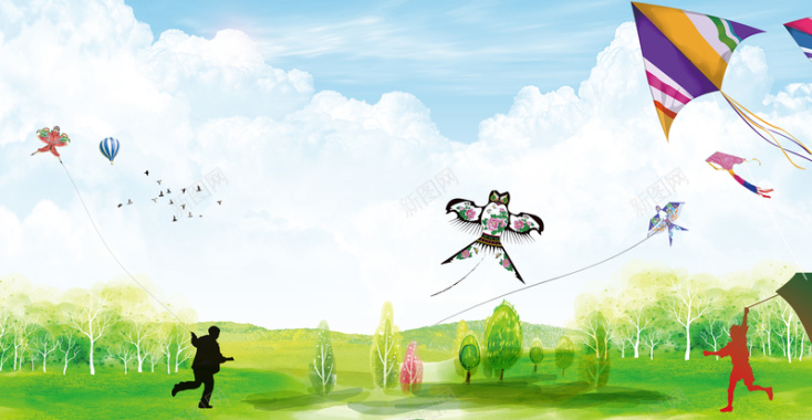 手绘蓝天草地风筝节比赛海报背景素材背景