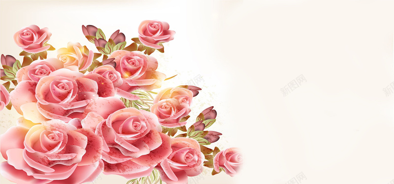 卡通玫瑰背景jpg设计背景_新图网 https://ixintu.com 粉红色 卡通 手绘 玫瑰 花朵 海报banner 童趣