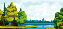 水粉树湖边绿色树与蓝天背景图高清图片