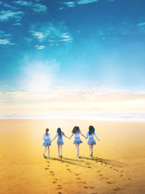 蓝色唯美沙滩青春毕业季海报背景素材背景