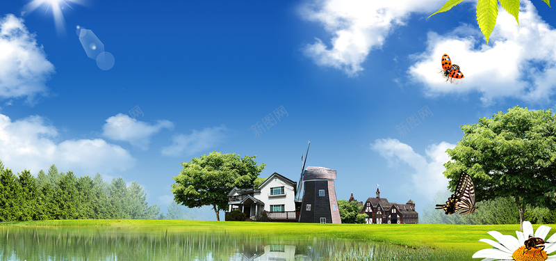 郊野独立屋背景jpg设计背景_新图网 https://ixintu.com 郊外背景 别墅背景 天空背景 草地背景 湖水背景 郊野背景 独立屋背景 花朵背景 蝴蝶背景 树木背景 海报背景 海报banner 摄影 风景