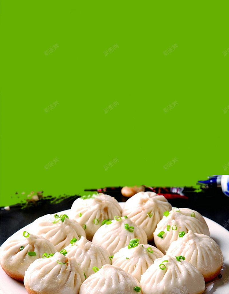 美味食物海报背景psd设计背景_新图网 https://ixintu.com 包子 纯色 美味 美食 食物 汤汁 白色 面粉 绿色 鲜嫩