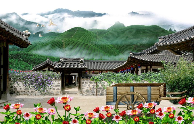 江山如画背景素材psd设计背景_新图网 https://ixintu.com 大好河山 山水风景 江山如画 亭子 捕鱼 大海 铜像 荷花 桃花 花鸟