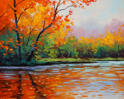 秋色风景油画河畔秋色图片高清图片