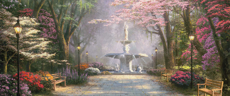 油画粉彩树木喷水花坛背景