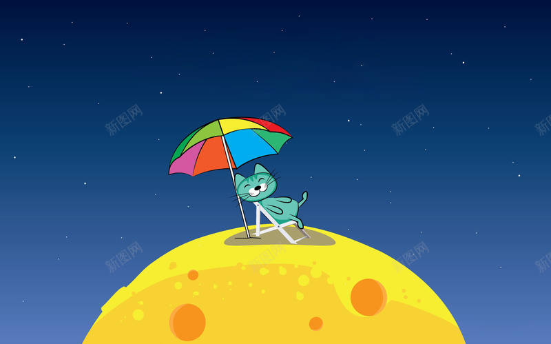 黄色奶酪月球上的晒日光浴的猫jpg设计背景_新图网 https://ixintu.com 日光浴 沙滩椅 遮阳伞 月球 猫 黄色奶酪 卡通 童趣 手绘