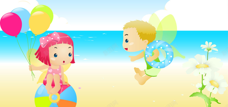 游泳背景psd设计背景_新图网 https://ixintu.com 插画 儿童 可爱 卡通 海边 沙滩 气球 花 海报banner 童趣 手绘