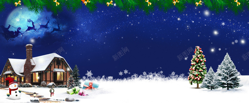 蓝色夜空圣诞海报banner背景