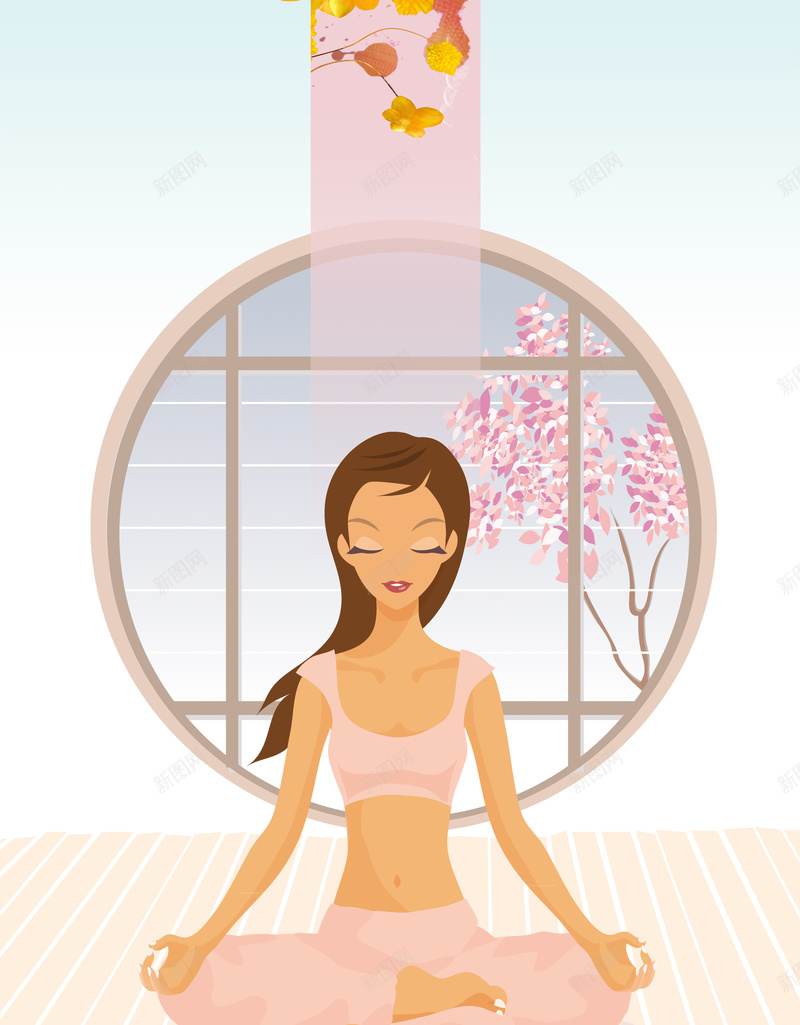 卡通瑜伽海报背景psd设计背景_新图网 https://ixintu.com 女孩插画 瑜伽海报 简约 美女 窗 清新 桃花 养生 瑜伽 运动 清