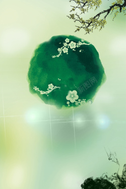二十四节气春绿色水墨风桃花海报背景模板高清图片