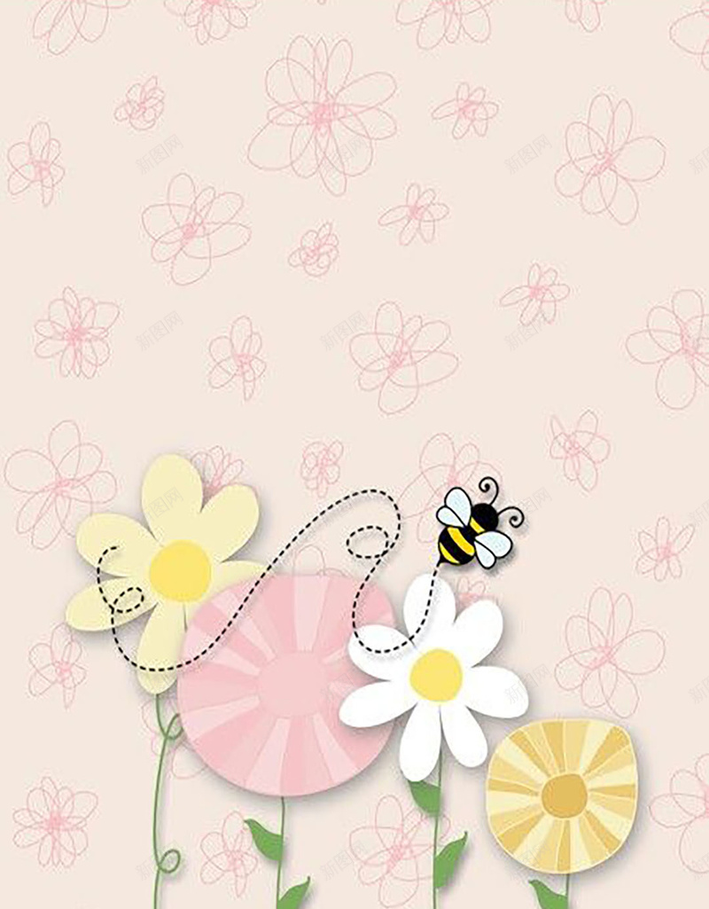 粉色扁平花朵背景图jpg设计背景_新图网 https://ixintu.com 扁平 春天 矢量 粉色 花朵 扁平化 蜜蜂 卡通