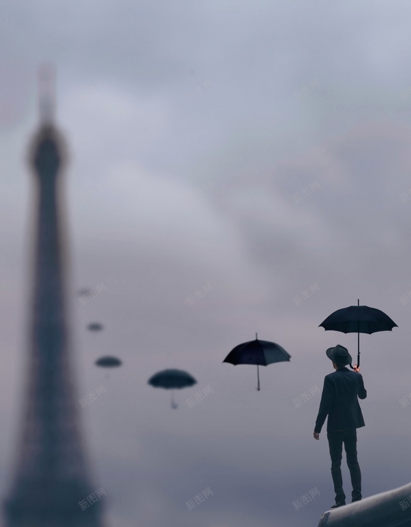 创意的打伞的人H5素材背景jpg设计背景_新图网 https://ixintu.com 创意 大气 模糊 水滴 伞 H5素材 帽子 西装 埃菲尔铁塔