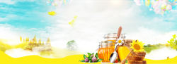 油菜花蜜蜂春季油菜花蜂蜜电商海报背景高清图片