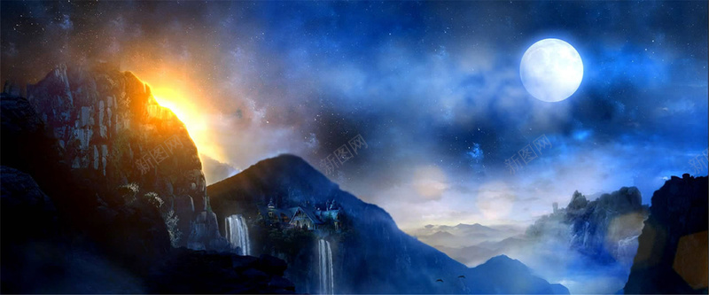 蓝色梦幻星空jpg设计背景_新图网 https://ixintu.com 蓝色 梦幻 星空 山崖 太阳 海报banner 星云 星海 星际 摄影 风景