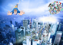 手机游戏机卡通都市高楼大厦蓝色背景素材高清图片