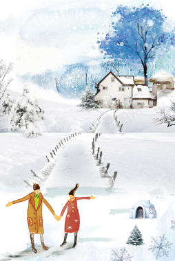卡通手绘冬季情侣滑雪背景