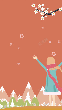 冬天的美景橘色小女孩迎接冬天卡通手绘图高清图片