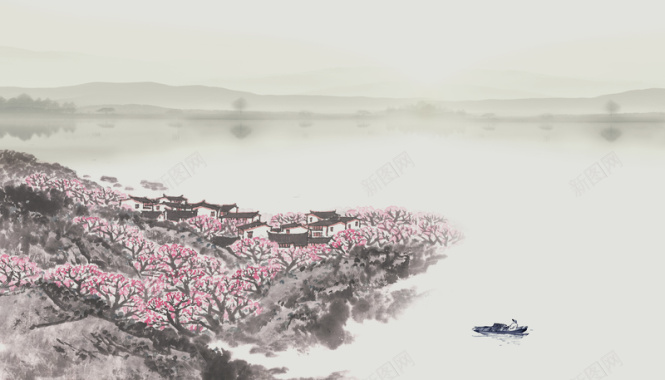江边桃花盛开的中国山水画面背景