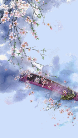 古琴插画唯美文艺花卉云海平面广告高清图片