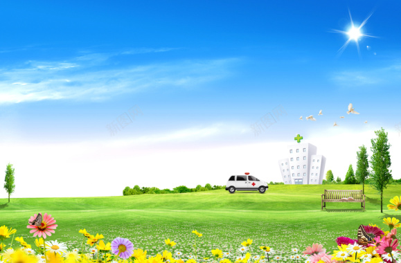 太阳医院长椅绿草地鲜花背景素材背景