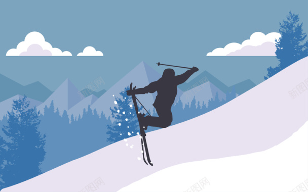 卡通扁平冬季运动员滑雪运动海报背景素材背景