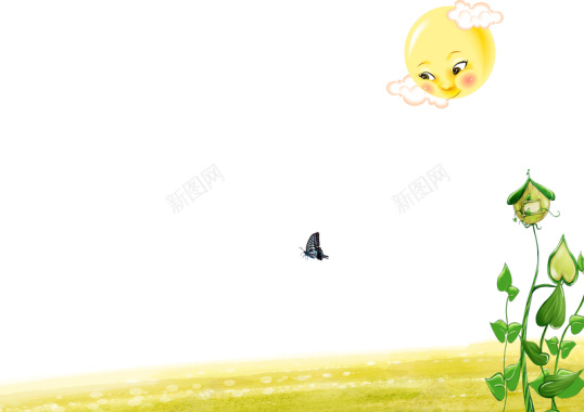 卡通太阳蝴蝶白色背景素材背景
