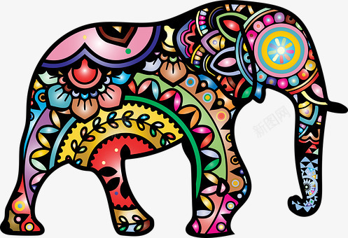 彩色可爱印度大象禅绕画象png免抠素材_新图网 https://ixintu.com 动物 线条 艺术 装饰装修 抽象 多彩 棱柱 柱形 色彩 彩虹 海报