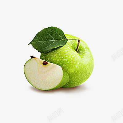 一个带叶的青苹果png免抠素材_新图网 https://ixintu.com 水果 苹果 青色 食物