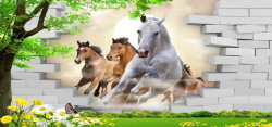 黄花绿草素材奔跑的骏马背景图高清图片