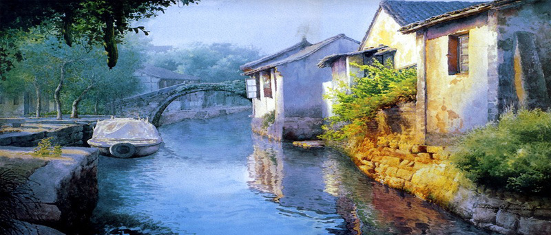 油画背景jpg设计背景_新图网 https://ixintu.com 小桥 河流 油画 树 船 植物 小屋 树林 海报banner