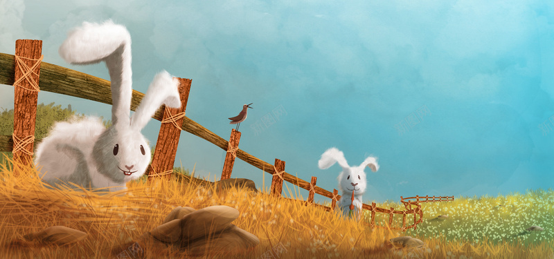 卡通背景jpg设计背景_新图网 https://ixintu.com 海报banner 兔子 卡通 童趣 篱笆 手绘