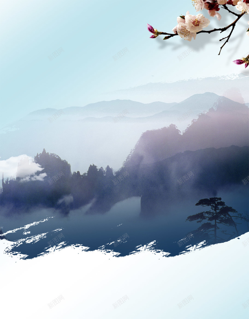 淡蓝山水古风psd分层H5背景psd设计背景_新图网 https://ixintu.com 淡蓝 山水 古风 山脉 中国风 梅花 古镇 村庄 H5背景