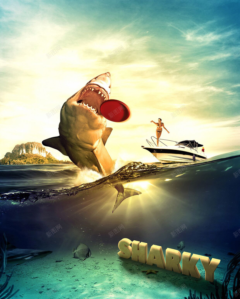 海洋旅行创意海报背景jpg设计背景_新图网 https://ixintu.com 鲨鱼 蓝色 海洋 美女 旅行 创意 合成 夏日 激情 开心 狂热