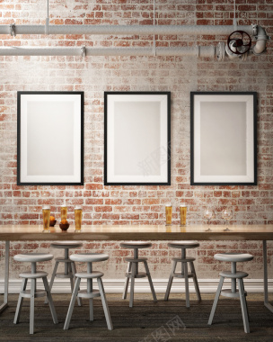 桌椅与墙上的空白画框背景