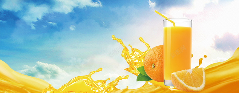 新鲜橙汁手绘蓝天白云背景背景