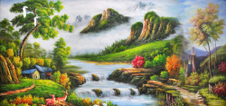 河边树林油画风景油画高清图片