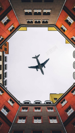 仰视看到的飞机简约建筑飞机手机端H5背景高清图片