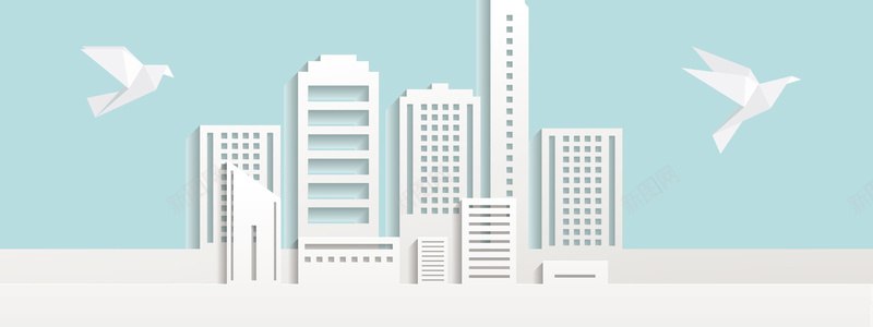 创意建筑背景jpg设计背景_新图网 https://ixintu.com 创意 白色建筑 楼房 城市 折纸 鸟 banner 蓝色背景 海报banner