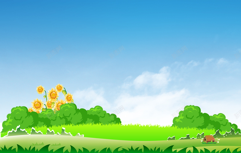 蓝色卡通背景psd设计背景_新图网 https://ixintu.com 蓝天白云背景 卡通背景 向日葵 草地
