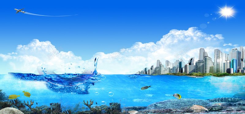 海水房地产天空大气清新蓝色淘宝海报背景背景