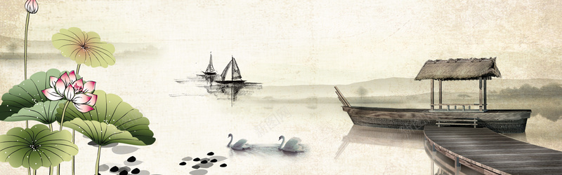 中国风手绘山水画荷花船背景banner背景