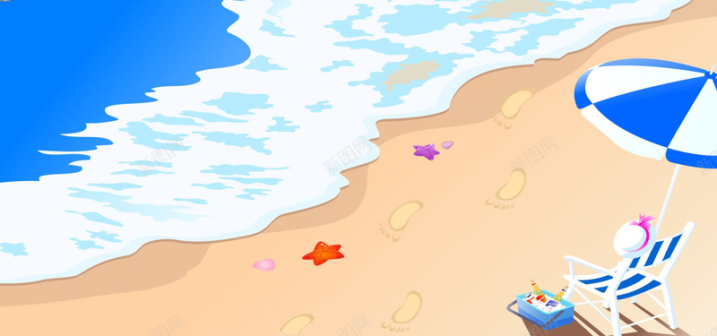 淘宝背景图jpg设计背景_新图网 https://ixintu.com 海洋 脚印 沙滩 遮阳蓬 海报banner 卡通 童趣 手绘
