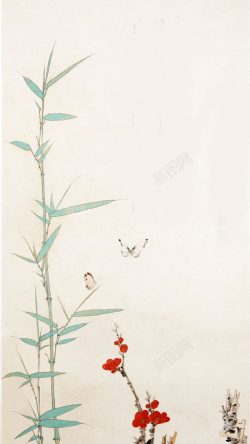 创意小黄车梅花竹子国画H5背景高清图片