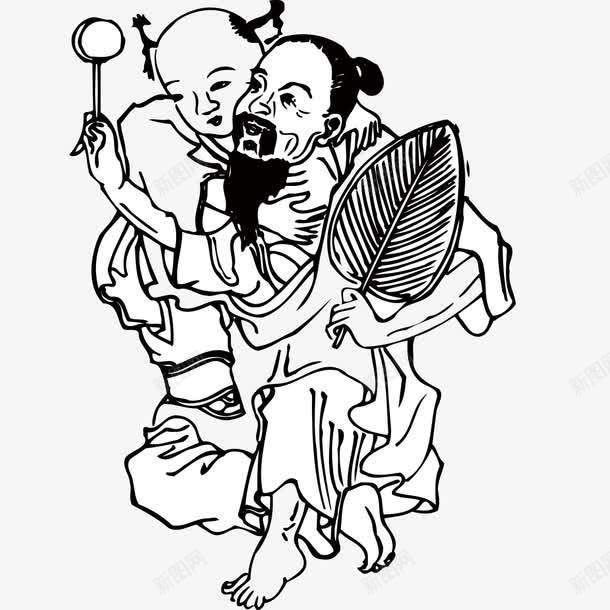 中国古代儿童图案png免抠素材_新图网 https://ixintu.com 黑色 线条 矢量图 装饰 PNG图形 儿童 扇子 人物 复古 素描