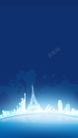 蓝色女神像蓝色背景上的城市建筑H5素材背景高清图片
