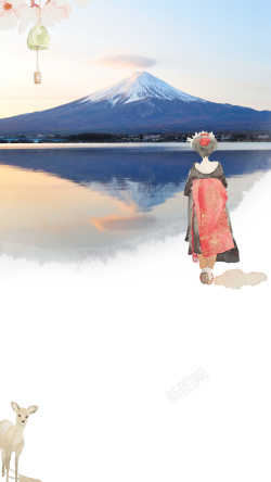 白色和服手绘日本旅游宣传海报高清图片
