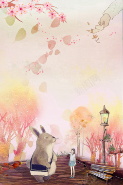 白色兔子贴纸卡通小清新女孩与兔子背景背景